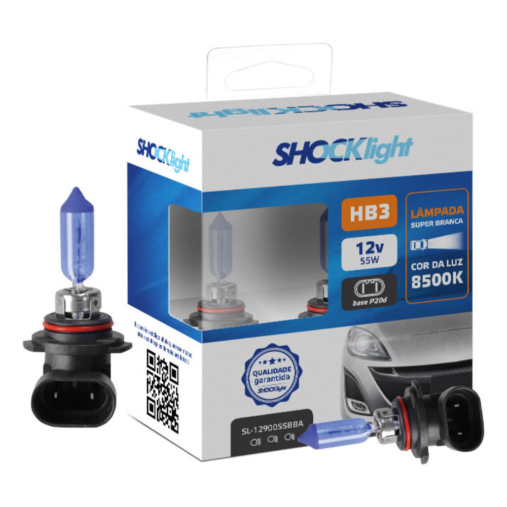 Par Lâmpada HB3 Super Branca 8500K 60W Tipo Xenon ShockLight