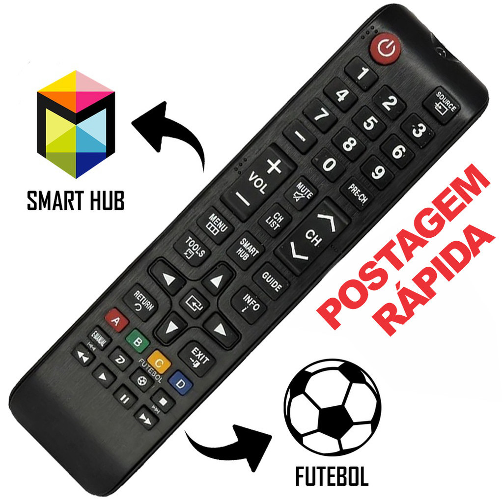 Controle Tv Samsung Smart Hub 4k Funcao Futebol Universal - Compativel BN98-06046A - LH40RBHBBBG/ZD  - UN40J5200AGXZD - UN40JU6020GXZD - UN43J5200AGXZD - UN48J5200AGXZD - UN48J5300AGXZD - UN48JU6000GXZD - UN48JU6020GXZD - UN49J5200AGXZD