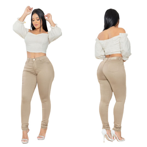 Calça Bege em Sarja Cintura Alta Com Elastano em Oferta na Shopee