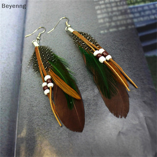 Beyenng Fashion sel Brincos Pendurados Contas De Couro Penas Indianas BR