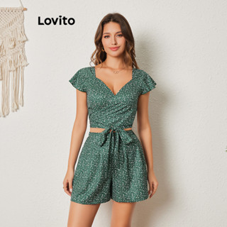 Lovito Conjuntos De Shorts Femininos Boho Ditsy Com Laço Floral Nas Costas E Bainha Com Babados LBL08441