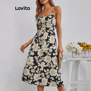 Lovito Vestido Boho Ditsy Floral Com Botão Frontal Para Mulheres LNL43032