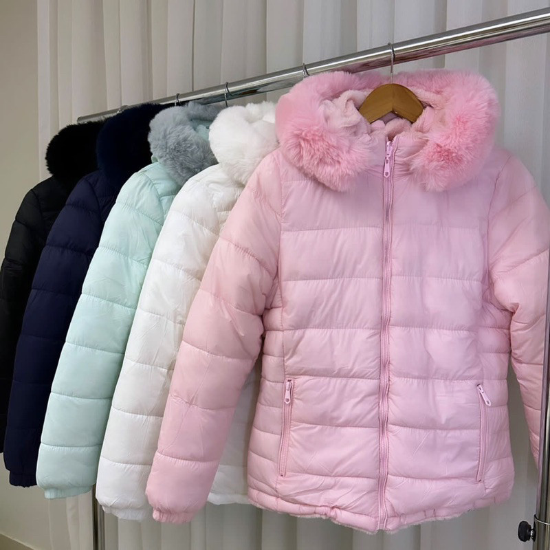 Jaqueta forrada com pelo Feminina Nylon Capuz gominho Inverno Quentinha Impermeável Metalassê JQ p-xxxg