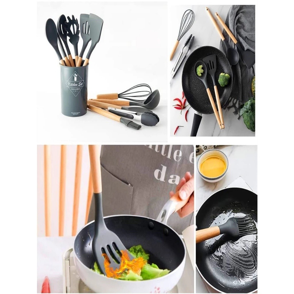 KIT de Utensílios Silicone e Bambu Para Cozinha Em 12 Peças Cabo Bambu Decoração Livre BPA