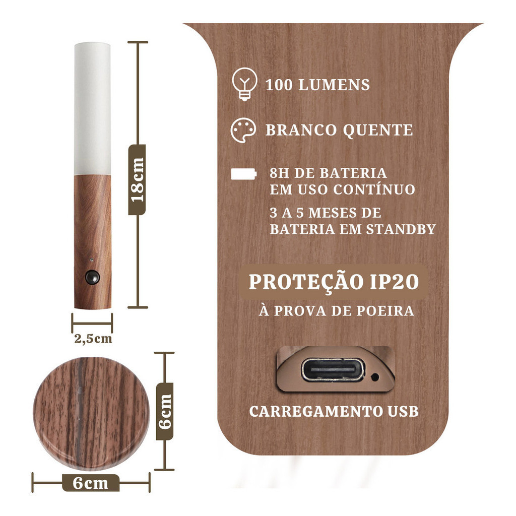 Arandela Madeira LED Sensor de Movimento Magnetica Luminaria Minimalista Sem Fio Abajur Quarto Cabeceira