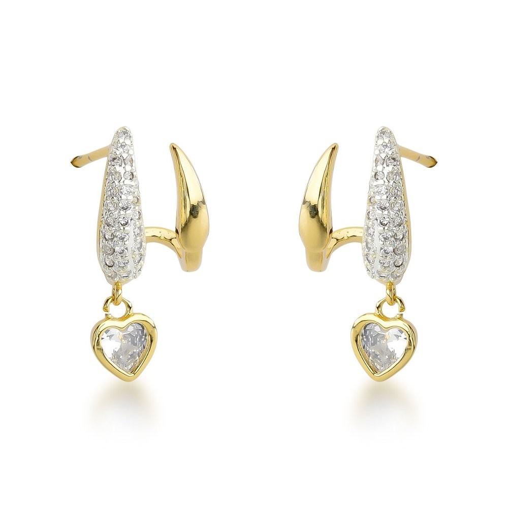 Brincos Elegance - Delicados Banhados a Ouro 18k com Pendente de Coração em Zircônia Cristal