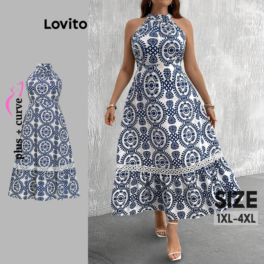 Lovito Vestido Elegante Curva Plus Size Renda Geométrica Vestido De Verão/Primavera Para Mulheres LBL20490 - Women Clothes