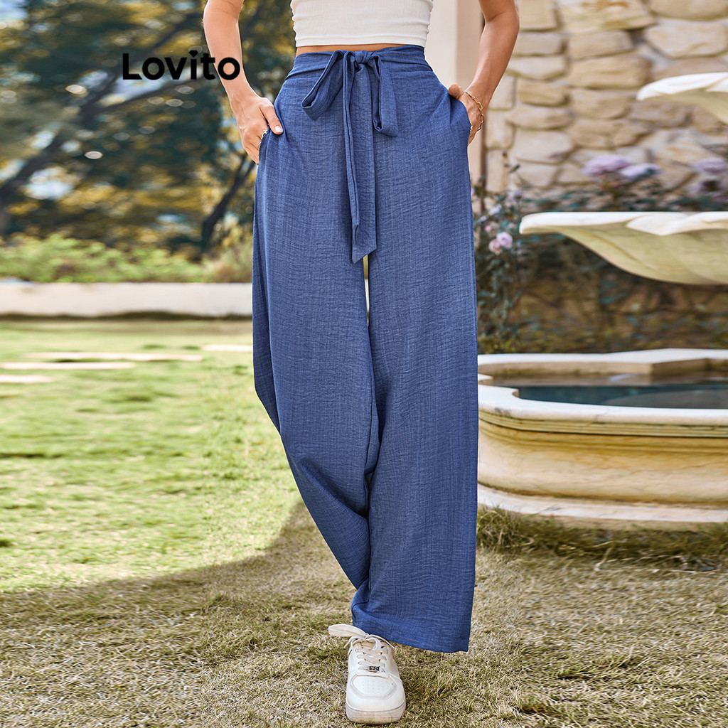 Detalhes do Lovito Calça casual lisa com bolso e cadarço para mulheres LBL21048