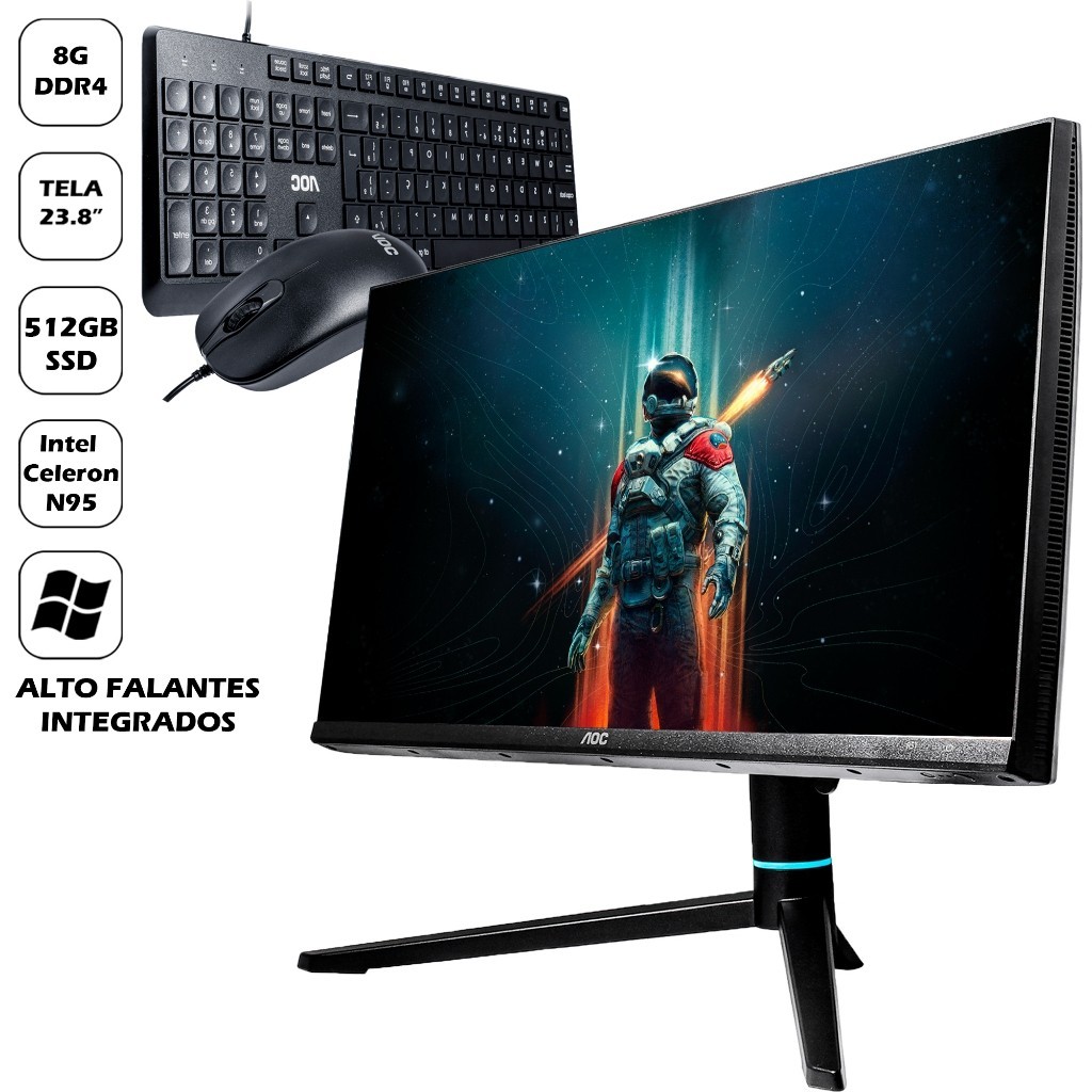 Computador All in One Pc AOC Tela Full HD 23.8'' 8GB DDR4 512GB SSD Intel Celeron N95 Teclado e Mouse