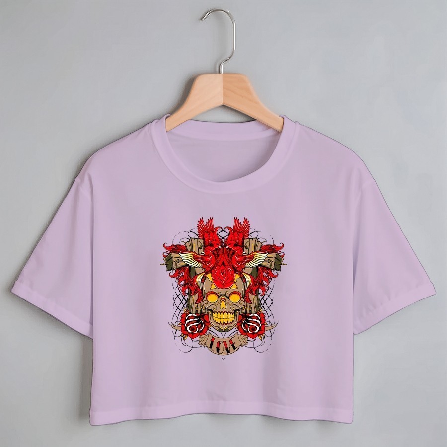 Cropped Estampa Digital Caveira Mexicana com Flor Feminina Algodão Tecido Premium - Envio Imediato