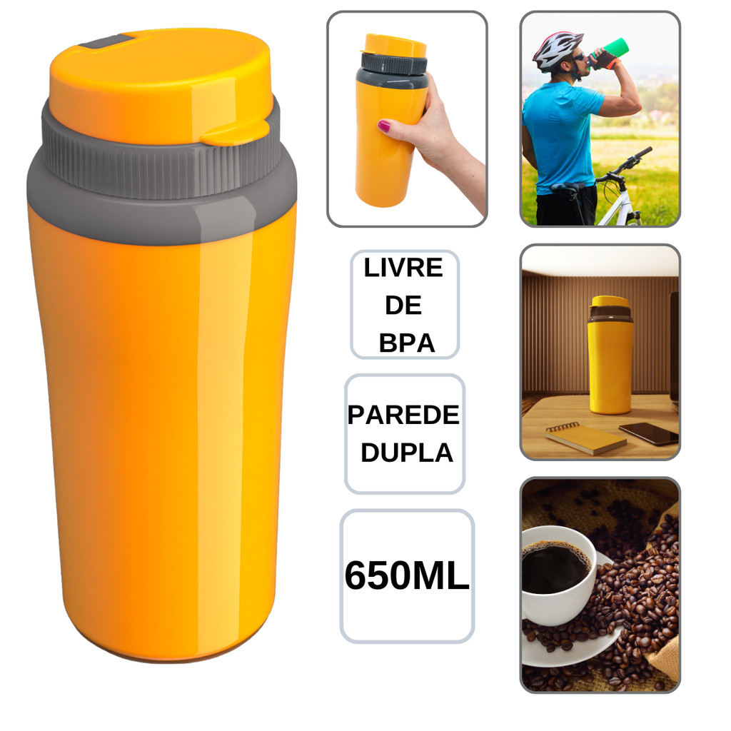 Copo Térmico Amarelo 650ml Unitermi Miami Água Café Chá Garrafa Squeeze Coqueteleira Academia