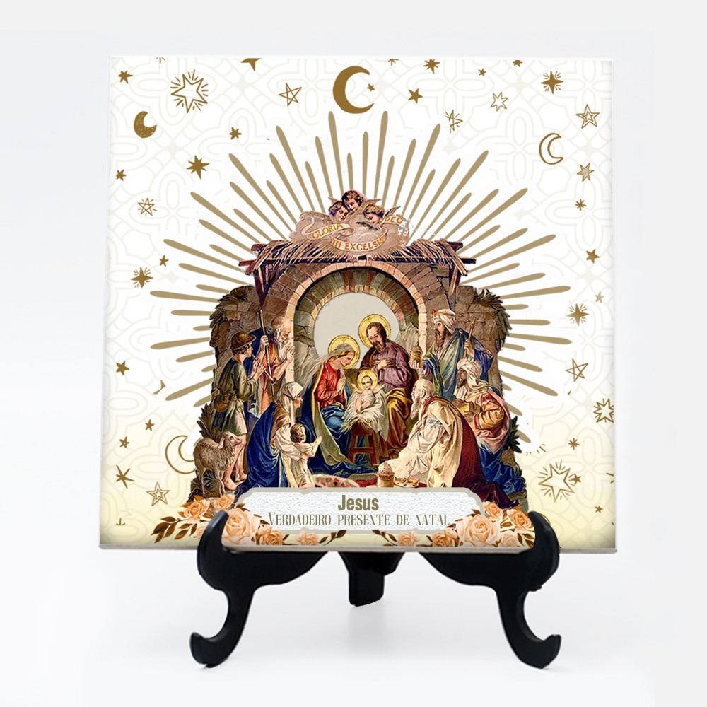 Quadro azulejo Presépio Jesus Verdadeiro presente Natal 24