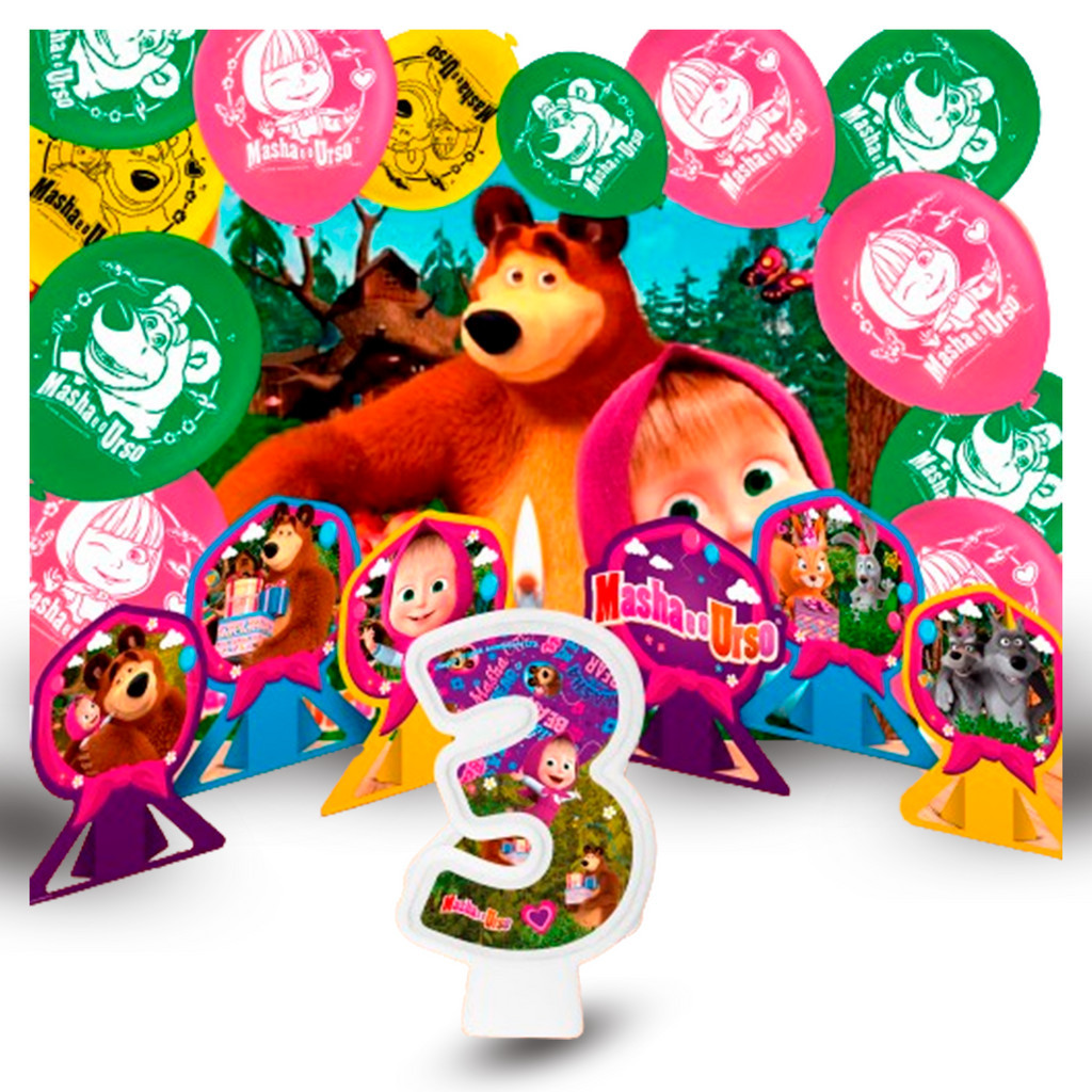 Kit Festa Masha E O Urso Display +painel + Bexigas + Vela 3 mais completo