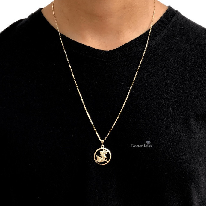 Cordão Masculino Fino + Pingente São Jorge Banhado a Ouro Prata Corrente Colar Tijolinho 1mm Banhado a ouro 18K Banho Tr
