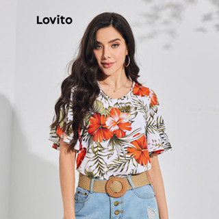 Lovito Blusa com Recortes e Amarração Tropical Boho para Mulheres LBL08032