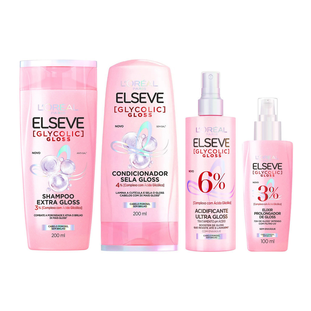 KIT ELSEVE GLYCOLIC GLOSS SH + COND + ACIDIFICANTE + SÉRUM LORÉAL em Oferta na Shopee