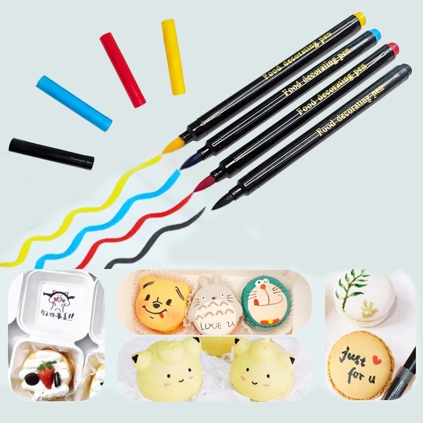Kit Caneta de Tinta Alimentícia Comestível C/ 4 Peças Amarela Preta Vermelha Azul.