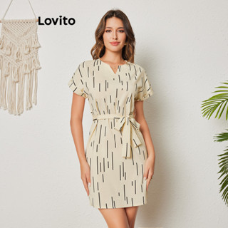 Lovito Elegante Vestido Feminino Geométrico com Laço Frontal LBL08360