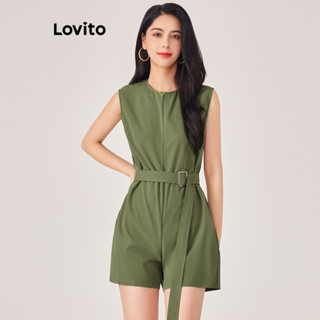Lovito Casual Macacão Feminino Liso Plissado com Cinto L71ED196 (Verde Militar/Preto)