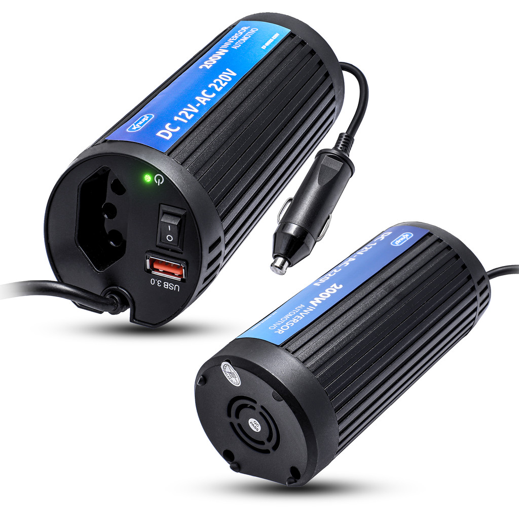 Inversor de Tensão Automotivo 200W DC 12V-AC 220V Com USB QC3.0 Carregamento Rápido