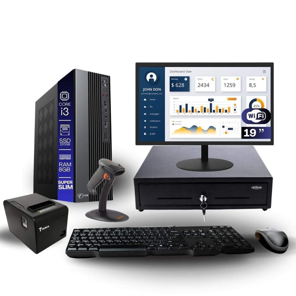 Kit PDV TOB i3 8GB SSD 120GB Win10 Rede S/Fio Teclado Mouse Monitor 19" Gvt. Dinheiro  Imp. Térmica Leitor Cód Barras