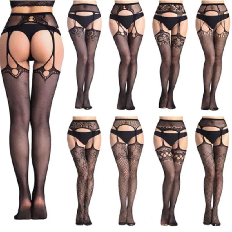 Sexy Meia-Calça Arrastão Renda Aberta C Coxa Meias Altas + Cinta-Liga Suspensórios Roupa Interior Feminina Preto Floral