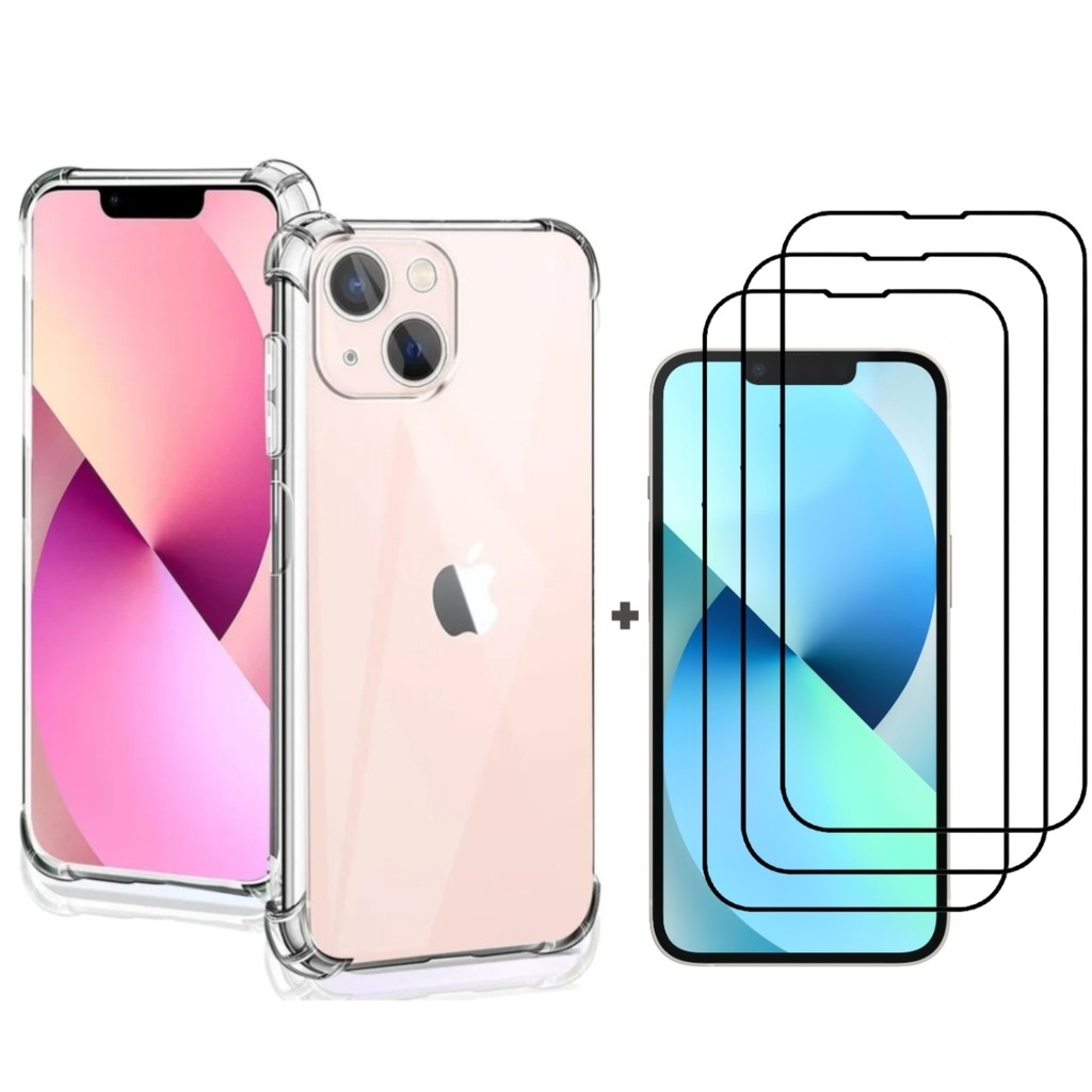 Kit 3 Película Vidro 3D + Capa Capinha Transparente IPhone 7/8 Plus Xr 11 12 13 14 15 16 17 Pro Max