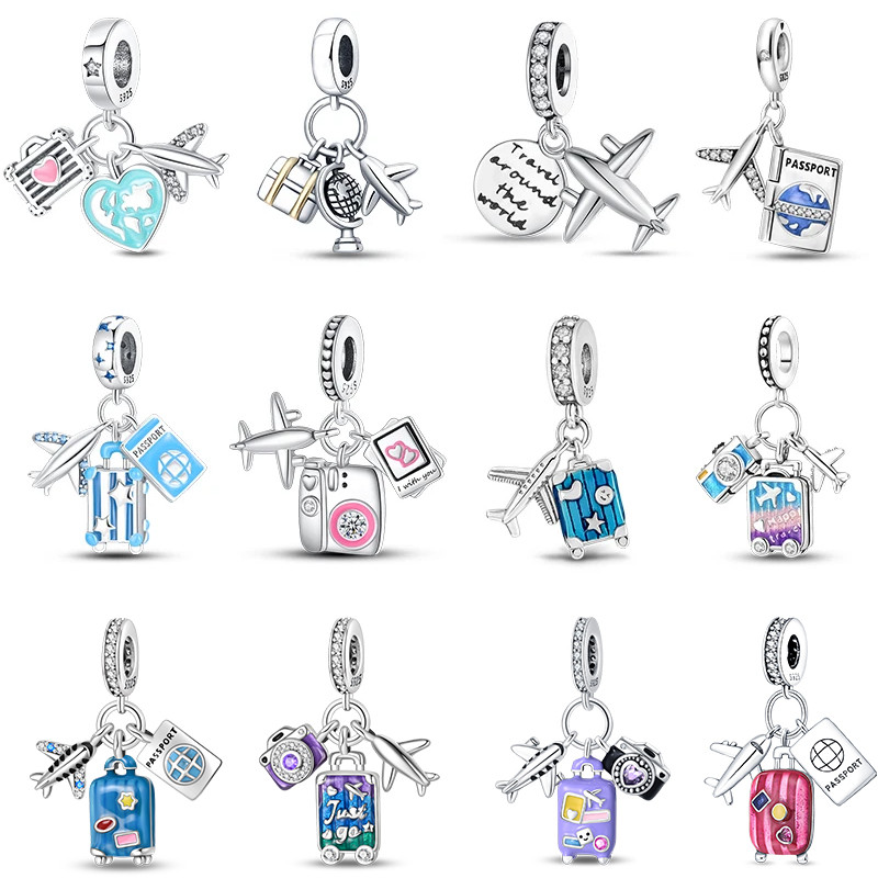 S925 prata viagem avião série moda charme adequado para pulseira contas feminino DIY aniversário jóias
