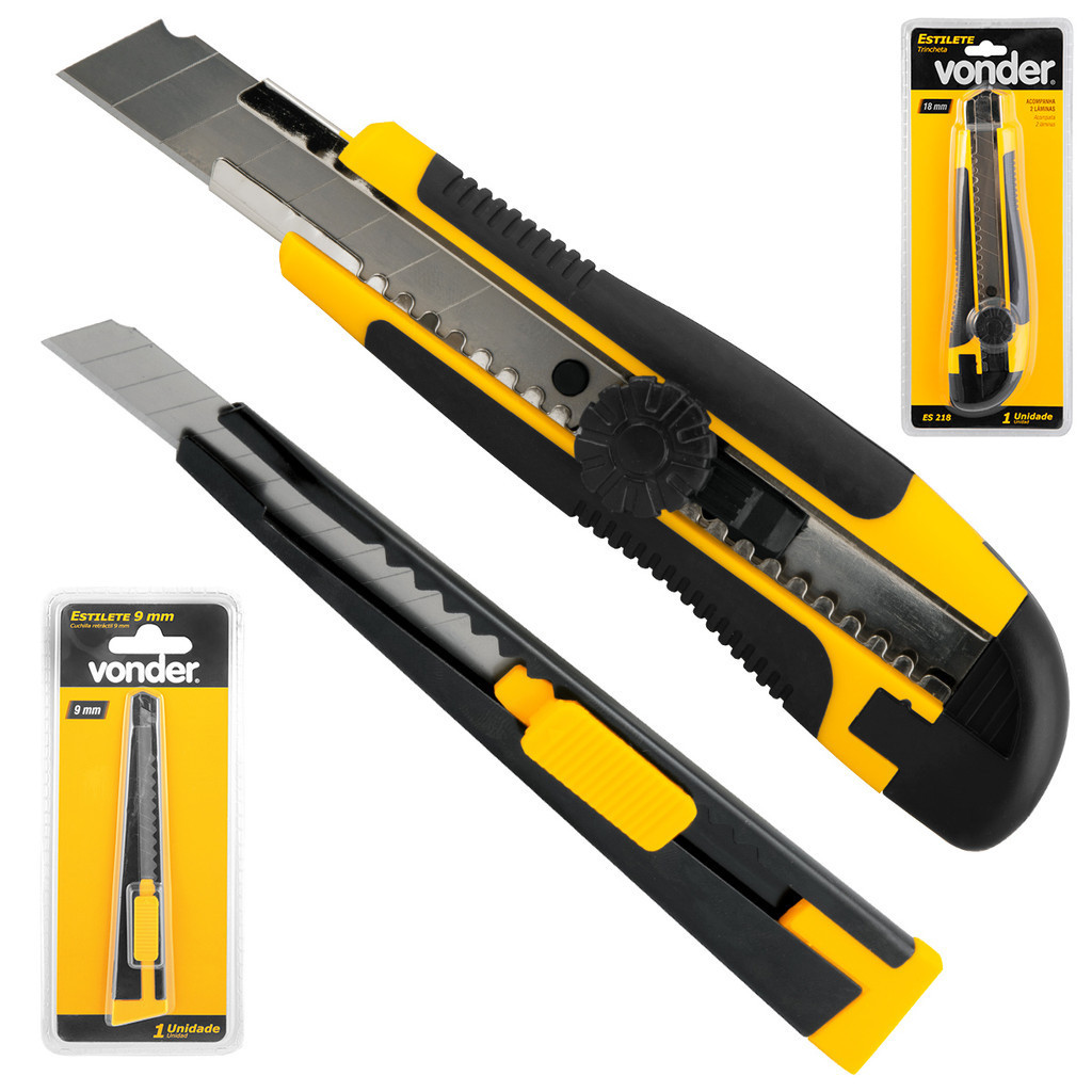 Kit Estilete 18mm com c/2 Lâminas Com Trava + Estilete 9mm Profissional de Precisão Alta Qualidade