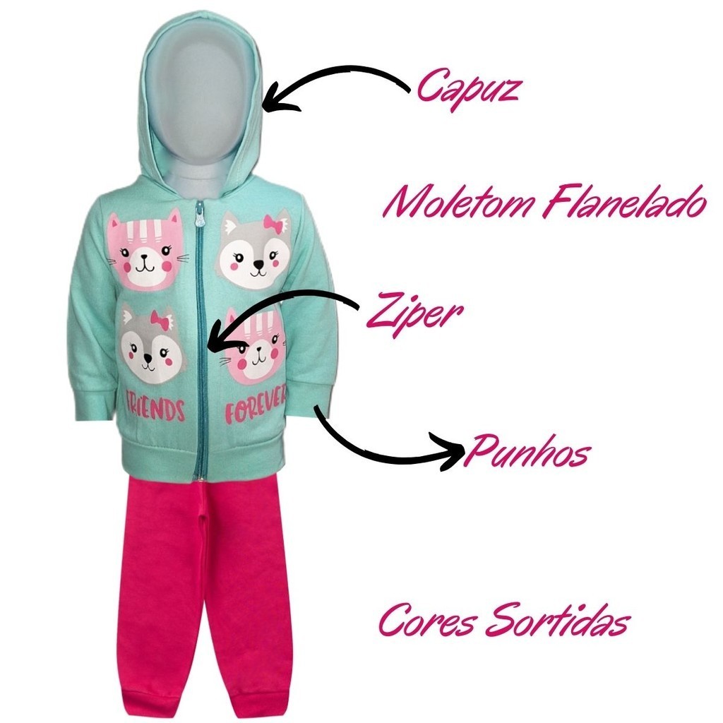 Conjunto Moletom Infantil Feminino Blusa e Calça Flanelado, c/ Capuz Ziper Punhos Roupa Menina Inverno Tamanhos 01 02 03