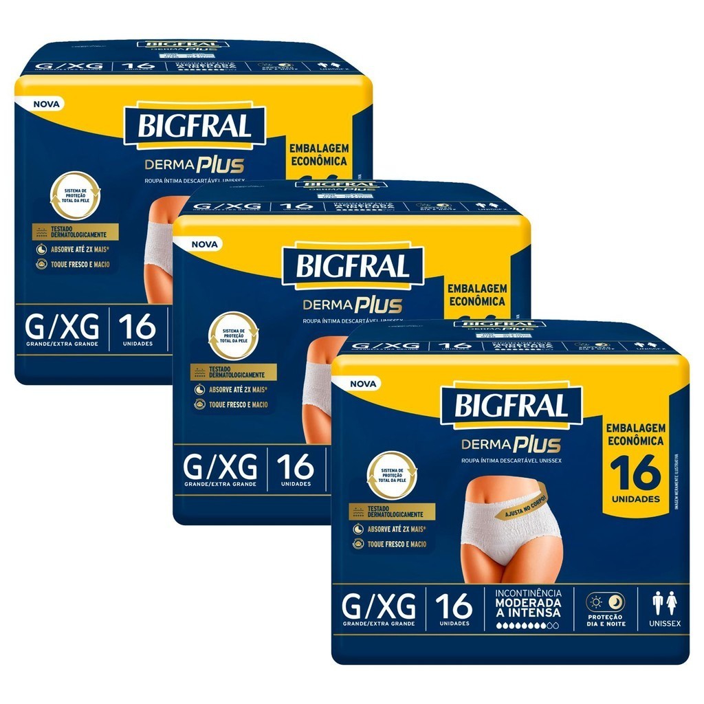 Kit 3 Roupas Íntima Bigfral Pants Derma Plus G/EX com 16un cada em Oferta na Shopee