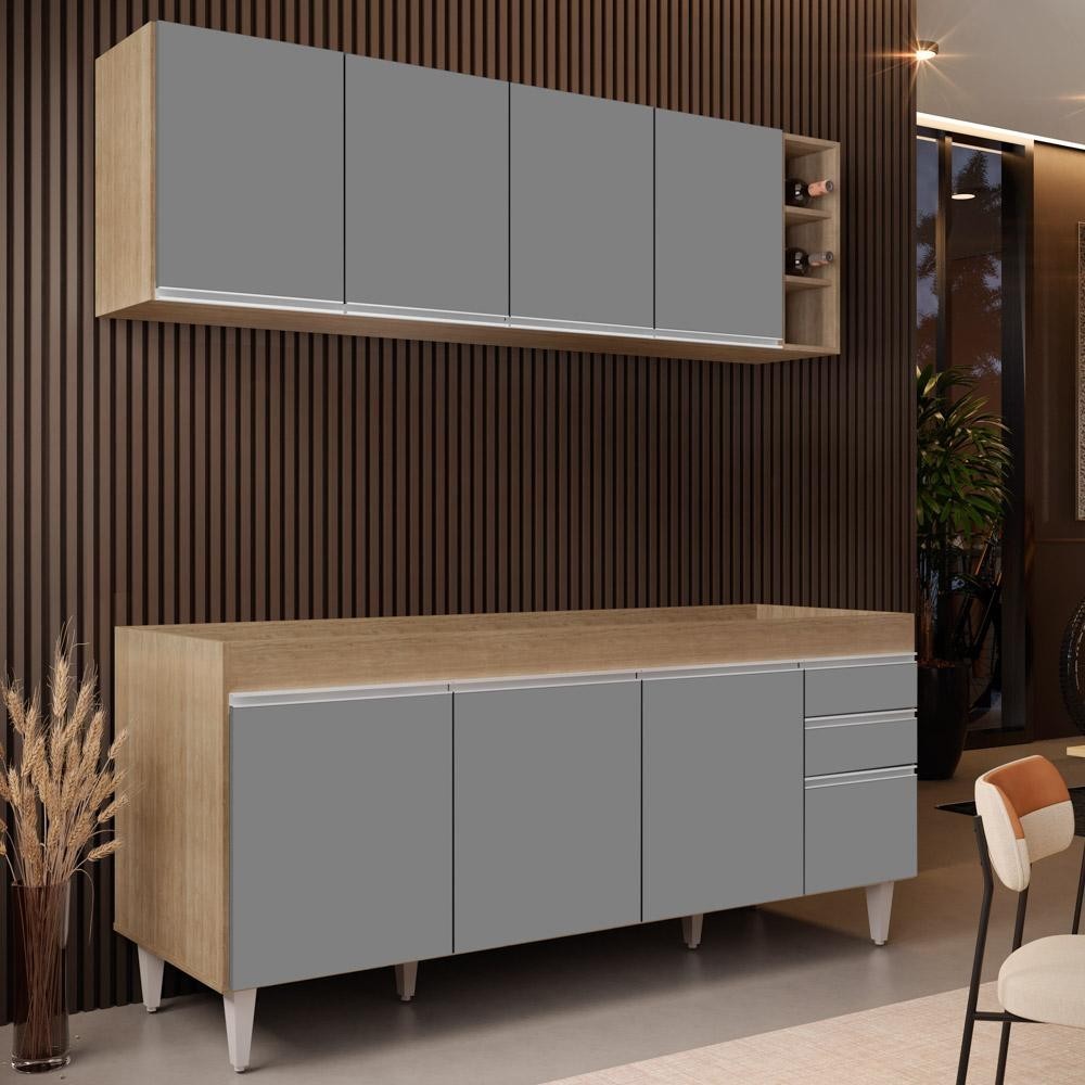 Armário de Cozinha Nevada e Balcão Para Pia 180cm Dallas Cast/Cinza - Lumil em Oferta na Shopee