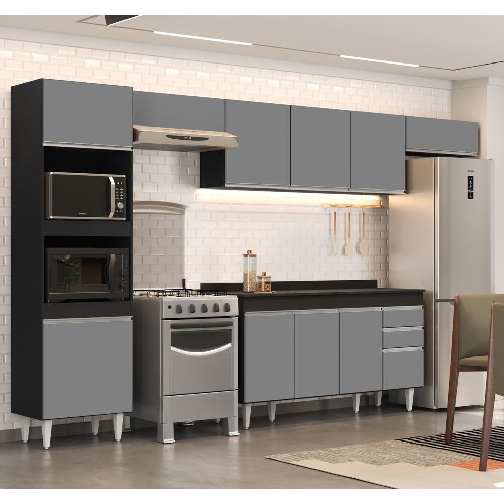 Armário de Cozinha Modulada 5 Peças CP14 Balcão com Tampo Preto/Cinza - Lumil em Oferta na Shopee