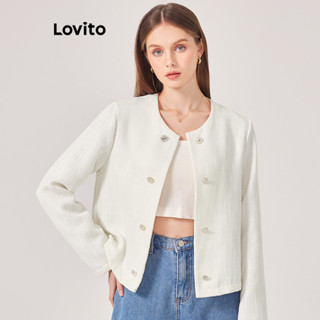 Lovito Elegante Blazer Feminino Liso com Botão L71ED266 (Preto/Branco)