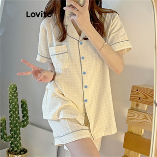 Lovito Conjuntos Casuais De Pijama Com Botões Lisos Para Mulheres LNA38126 (Amarelo)