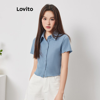 Lovito Boho Camiseta Feminina Lisa de Jacquard com Botão L74ED124