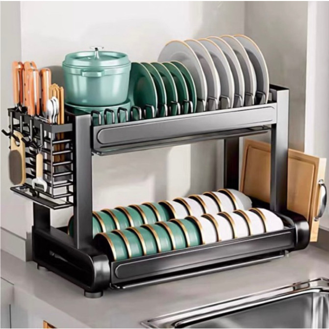 Escorredor de Louças Preto Aço Inoxidável Rack Duplo Organizador de Talheres e Pratos