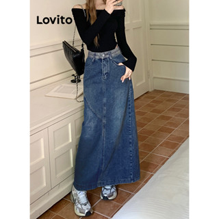 Lovito Casual Saia Feminina Lisa com Costura no Tecido LNA26207 (Azul)