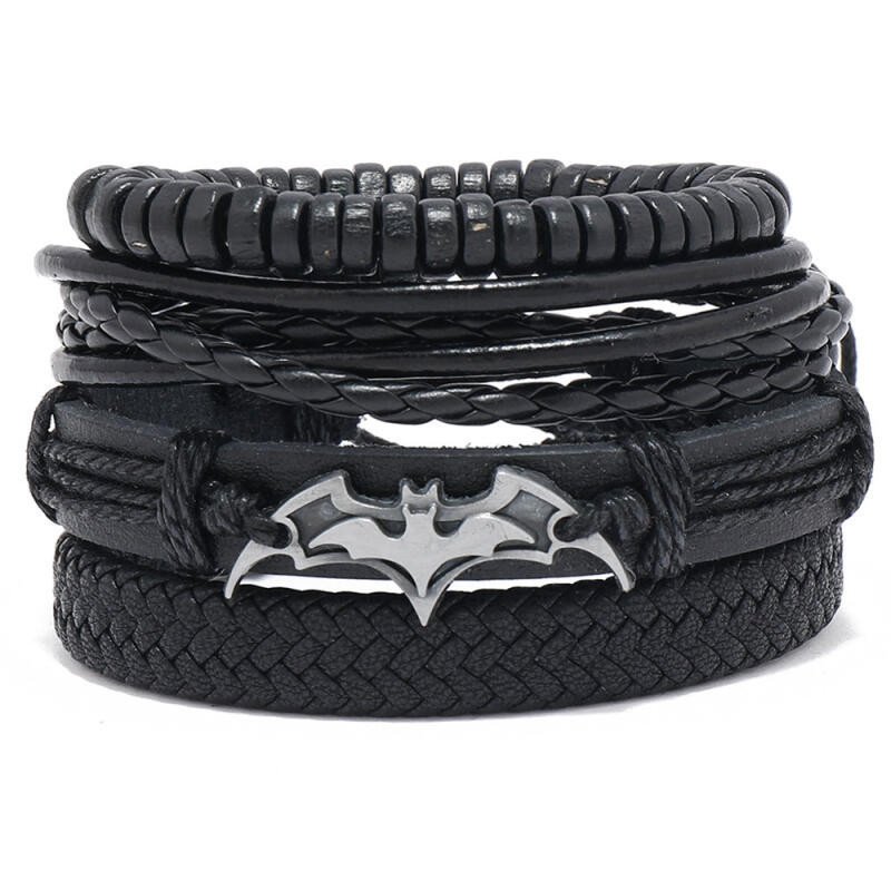Conjunto 4PC/1 De Novas Pulseiras De Couro Vintage Multi-Camadas Com Contas Preto Batman Pulseira Ajustável Para Homens Acessórios De Jóias
