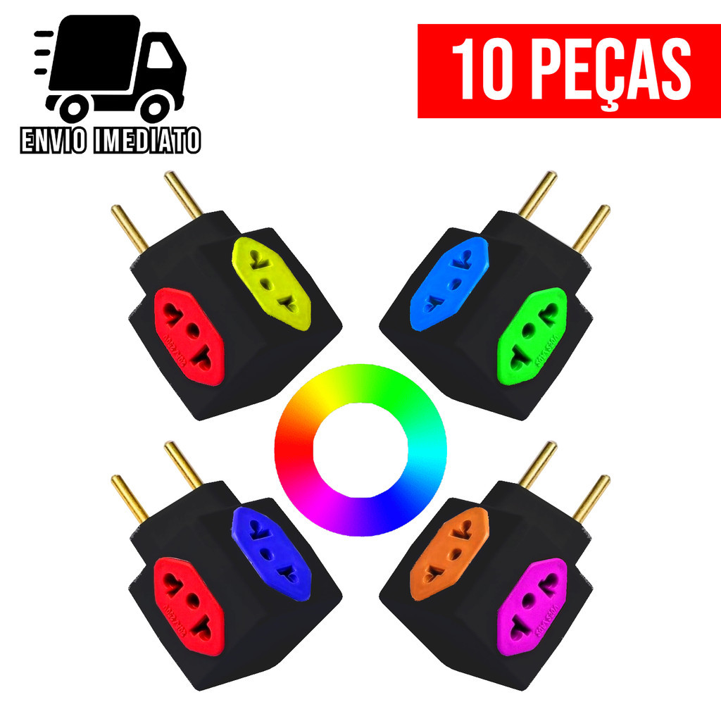 Imagem Adaptador de Tomada Cubo Preto e Colorido 4 Entradas Universal Bivolt 10A e 20A