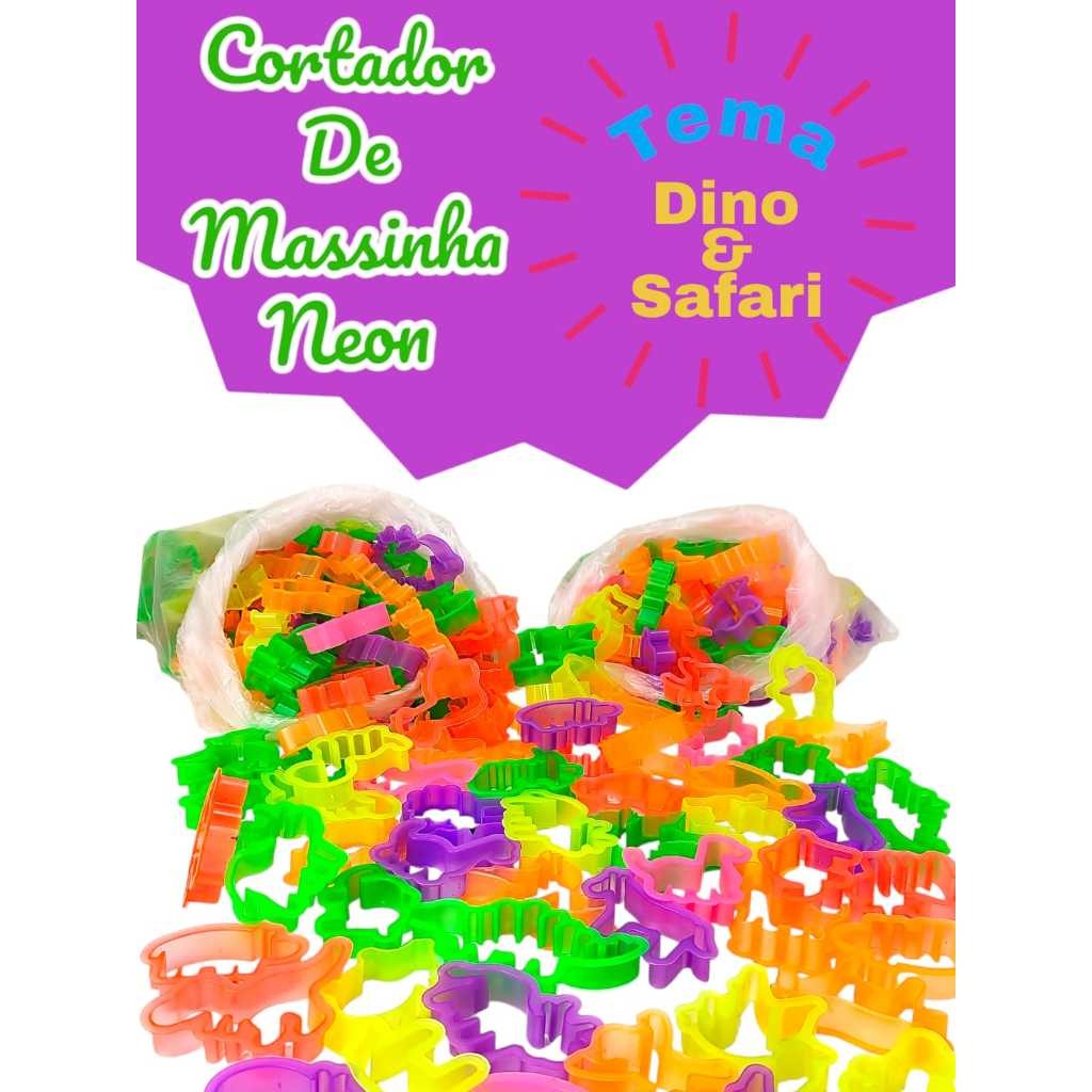 100 Cortador de Massinha Neon Forminha Modelar Dinossauro Safari Lembrancinha Aniversario Prenda