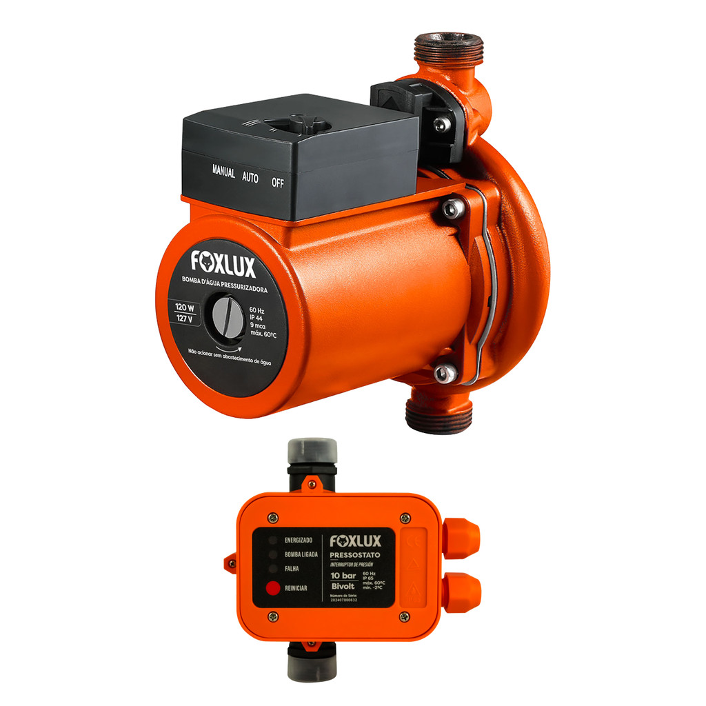 Kit Bomba Pressurizadora Foxlux 127V 120W + Pressostato | pressão estável, economia