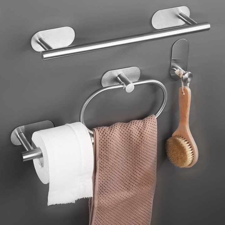 Kit Conjunto Acessório Banheiro Aço Inox Toalheiros Papeleira 4 Peças Adesivo Sem Furar a Parede