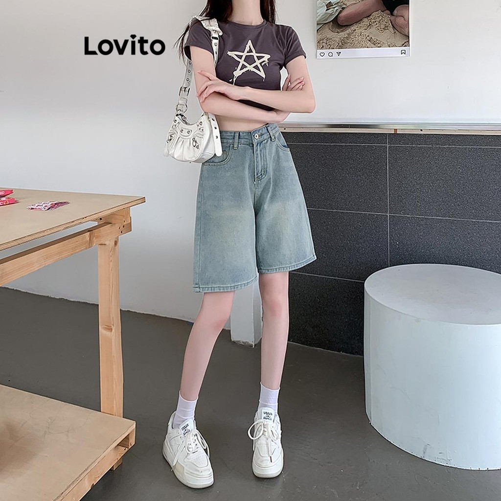 Lovito Shorts Jeans Casuais Com Botões Lisos Para Mulheres LNA52257 em Oferta na Shopee