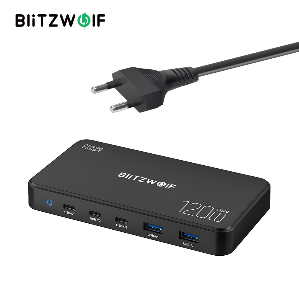 [GaN Tech] Blitzwolf BW-i100 120W Carregador De 5 Portas USB PD 2USB-A + 3USB-C PD3.0 QC3.0 AFC FCP SCP PPS PE APPLE Estação De Carregamento Rápido De Desktop EU Plug - Mobile & Gadgets