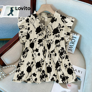 Lovito Casual Blusa Feminina Floral com Babado e Botão de Gota L68ED348 (Multicor)