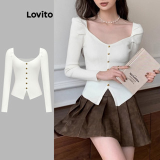 Lovito Casual Suéter com Mangas Bufantes e Botões para Mulheres L76AD077