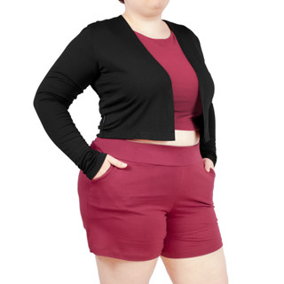 Cardigan Cropped Manga Longa Plus Size