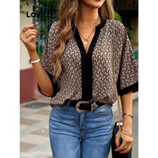 Lovito Blusa Elegante Geométrica Contrastante Para Mulheres LNL45106