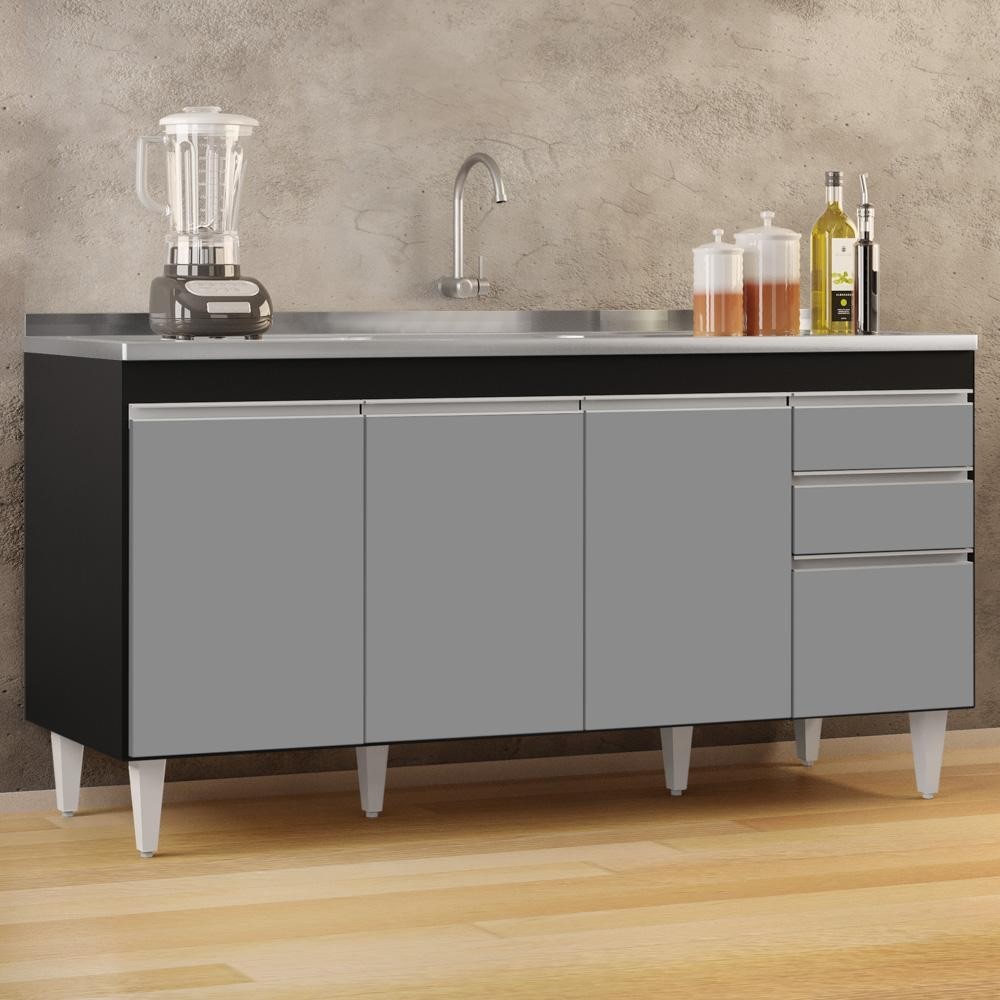 Balcão Gabinete com Pia Inox 160cm Arkansas Preto/Cinza - Lumil - Home & Living